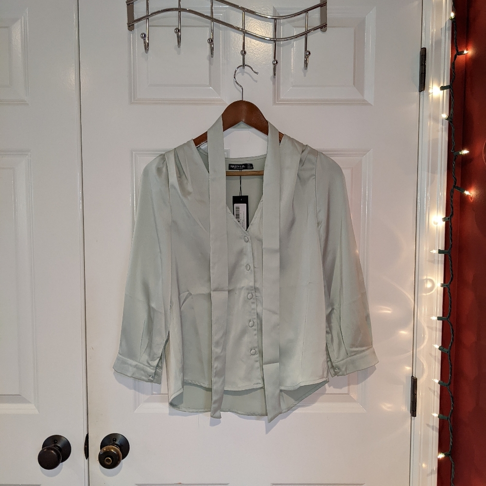 Nasty Gal Satin Puff Sleeve Blouse w/ Belt